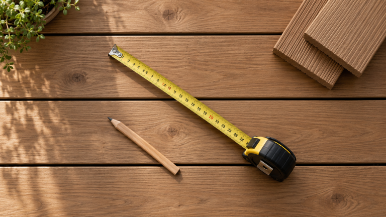 Terrassendielen mit Maßband und Zimmermannsbleistift zur Materialplanung.