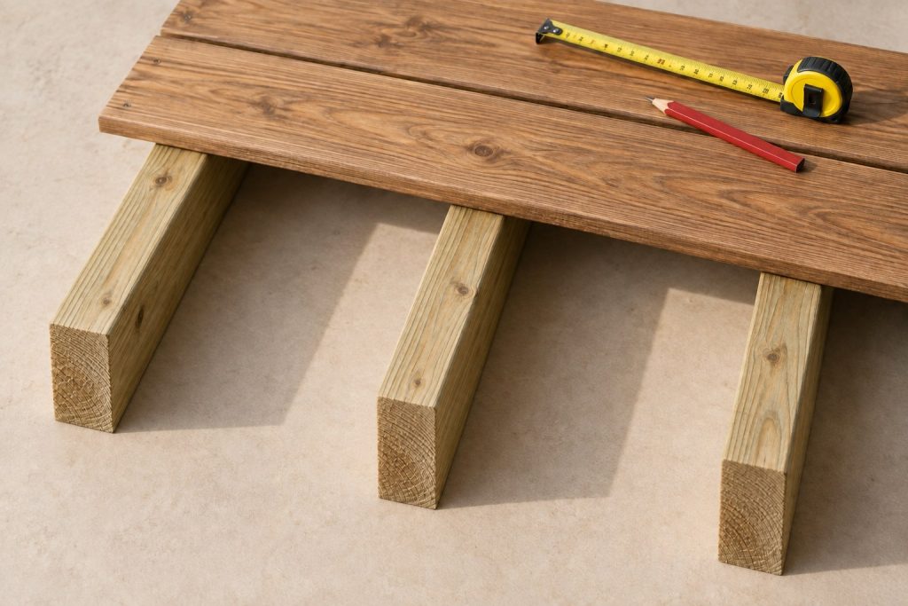 Drei Holzbalken und zwei Terrassendielen mit Maßband und Zimmermannsbleistift.