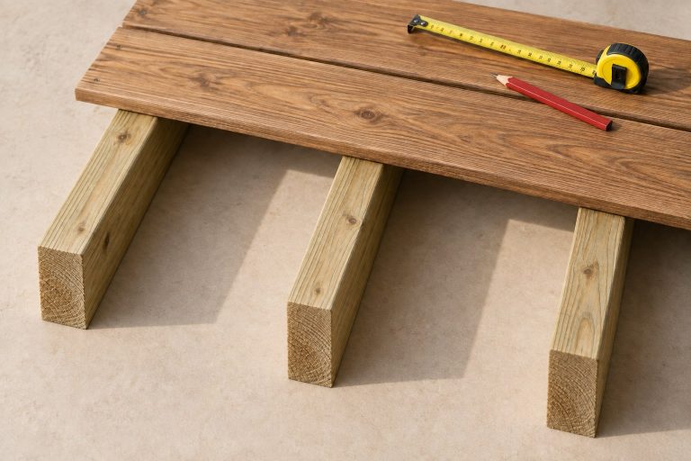 Drei Holzbalken und zwei Terrassendielen mit Maßband und Zimmermannsbleistift.