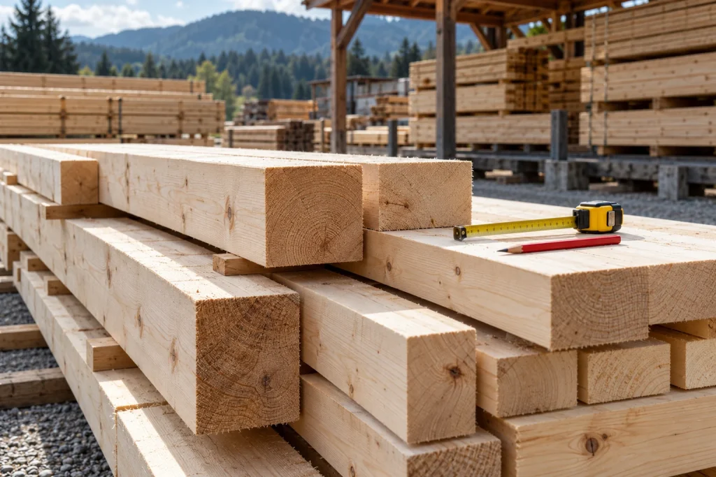 Bretter und Balken im Holzlager mit Maßband und Zimmermannsbleistift.