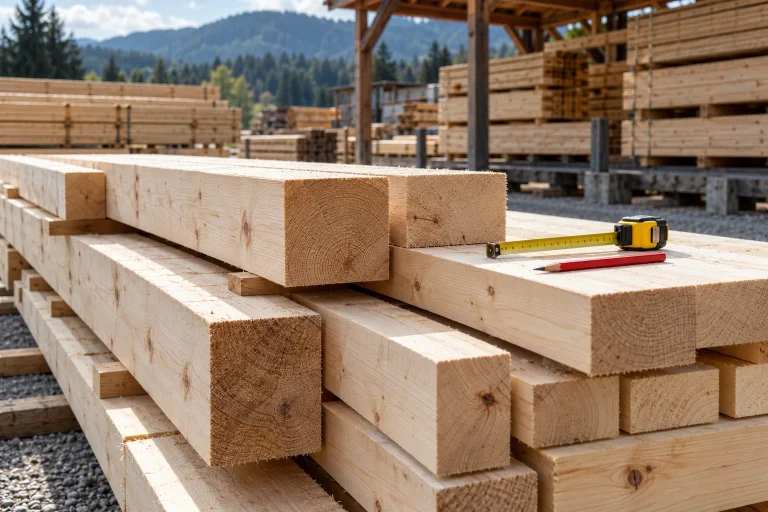Bretter und Balken im Holzlager mit Maßband und Zimmermannsbleistift.