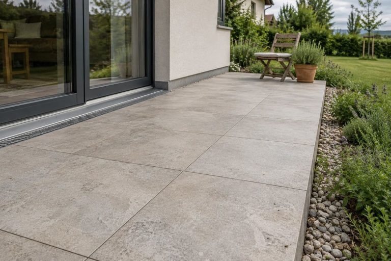 Niedrige Terrasse mit hellen Platten und einer Entwässerungsrinne vor der Terrassentür