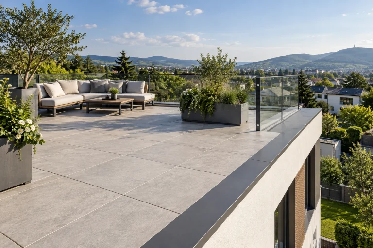 Dachterrasse mit Plattenbelag, Sitzbereich und Glasgeländer